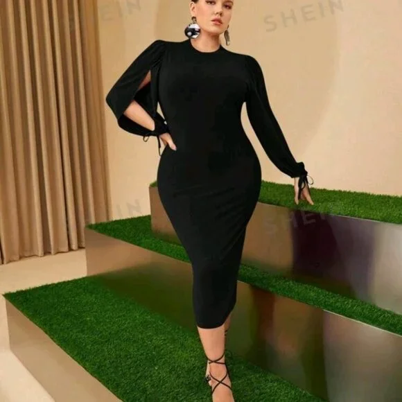 Split Sleeve Knot Cuff Bodycon Dress - Picture 3 of 9